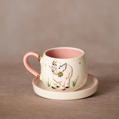 Teetasse | Kaffeetasse | Mit einer „Glücksschwein mit Kleeblatt" verziert | Handgemacht aus Keramik getöpfert | Mit Echtgold Elementen | Designer Tasse